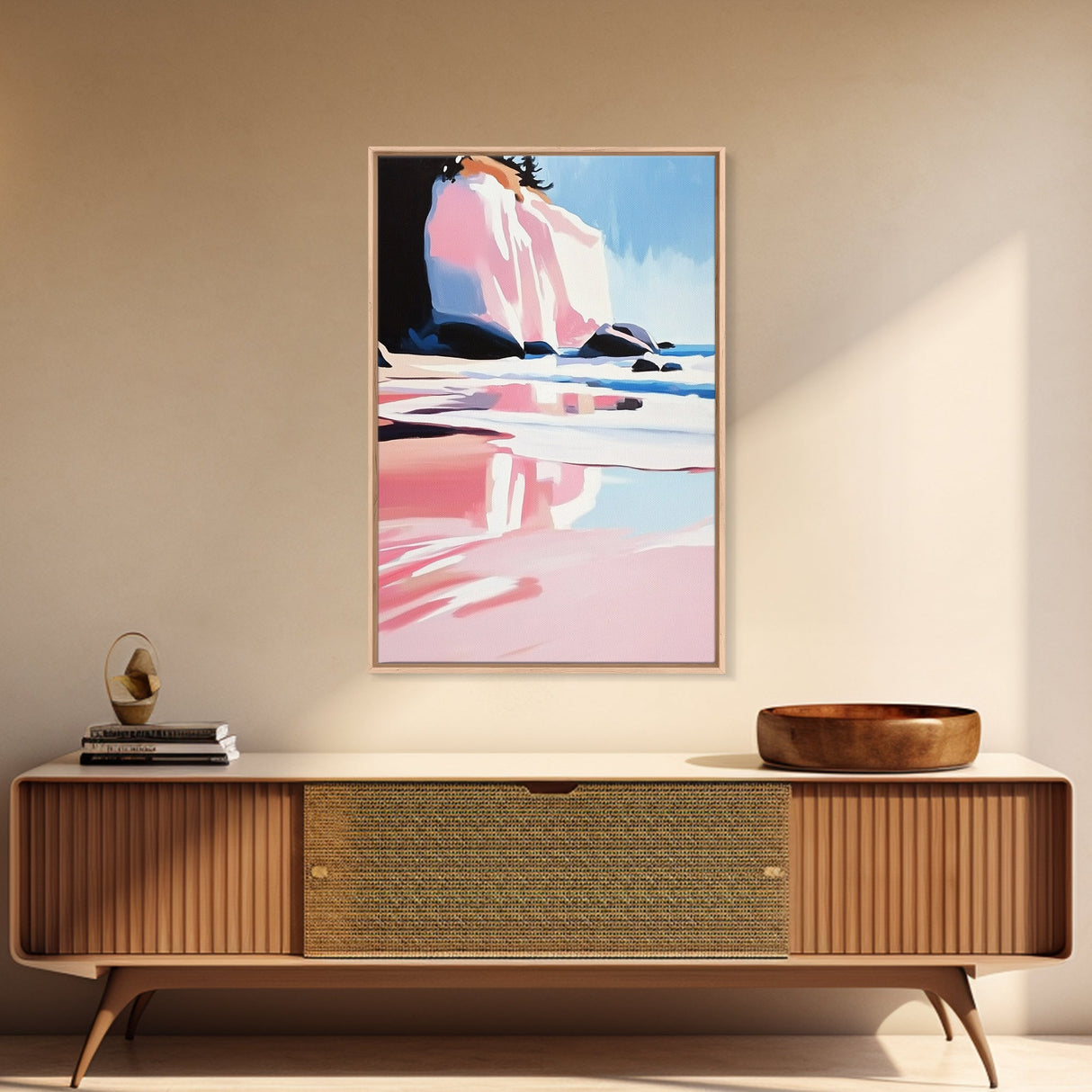 Pink Waves, Ocean Reflection, Coastal Landscape, Summer Wall Art, Boho Beach Decor, Canvas Print, Bedroom Art, Vibrant Seaside Painting
