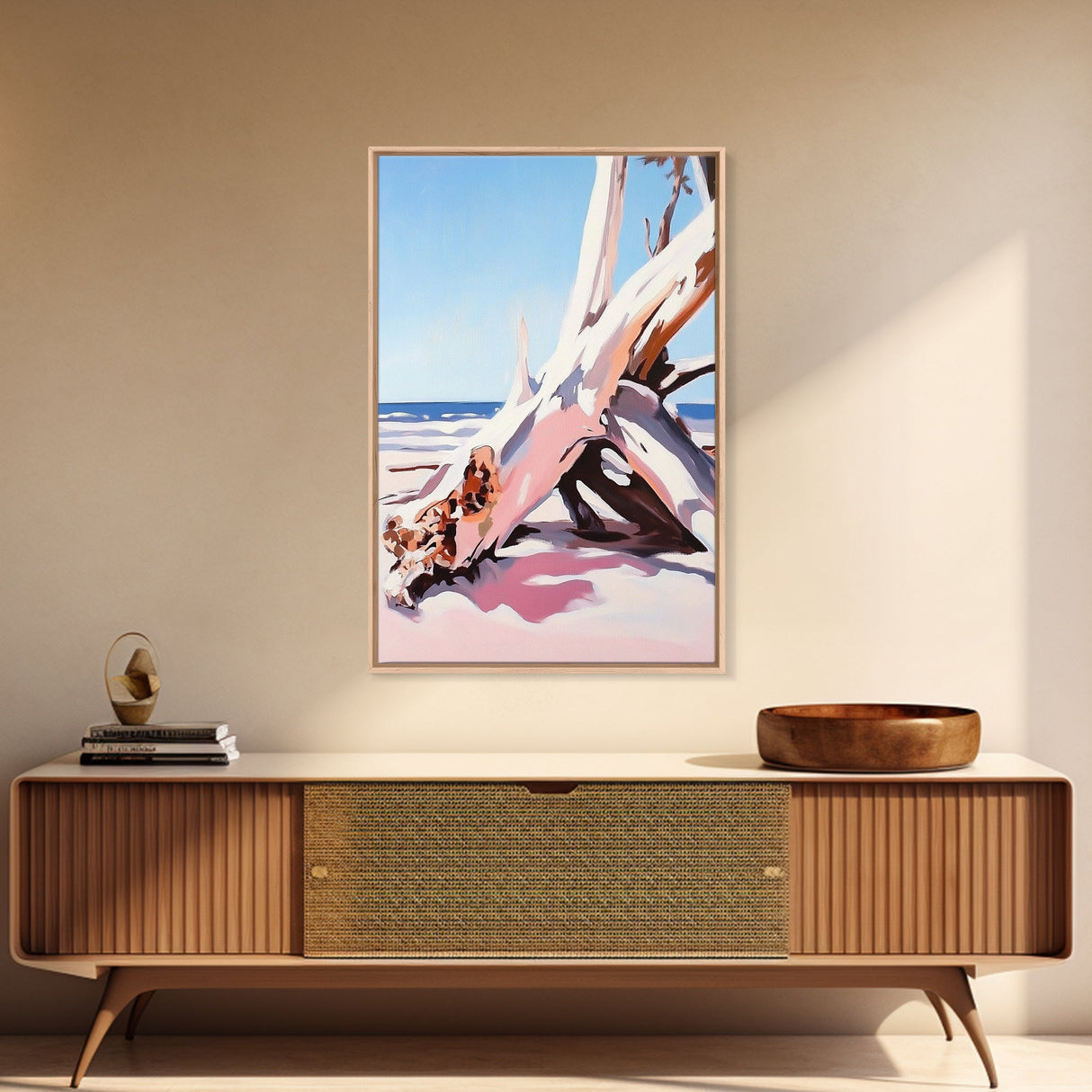 Driftwood Art, Coastal Scene, Beach Sunset, Rustic Ocean Decor, Bohemian Style, Canvas Print, Living Room Wall Art, Nautical Home Decor