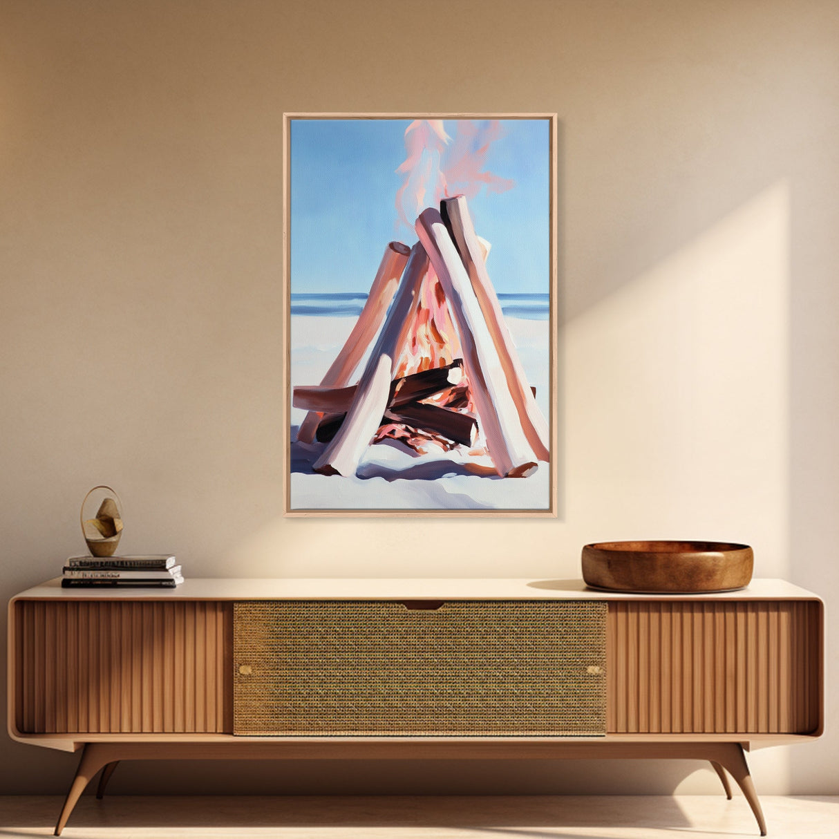 Beach Bonfire, Coastal Art, Ocean Sunset, Warm Minimalist, Canvas Print, Coastal Home Decor, Relaxing Wall Art, Boho Aesthetic