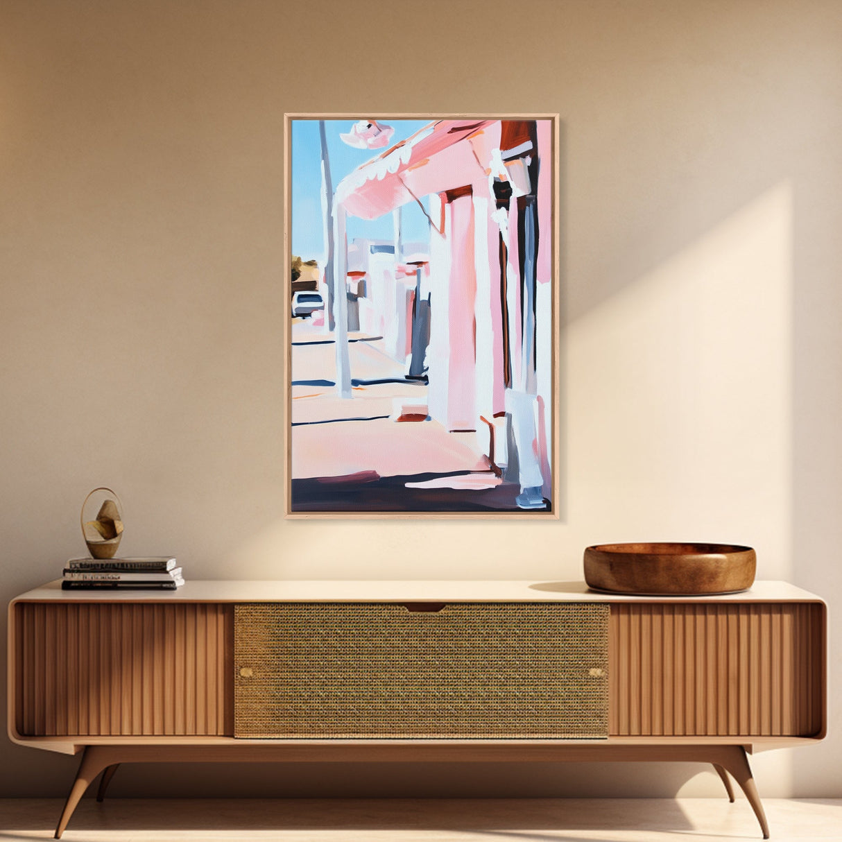 Sunset Street, Pastel Cityscape, Framed Canvas Print, Urban Decor, Impressionist Wall Art, Warm Color Palette, Stylish Living Space
