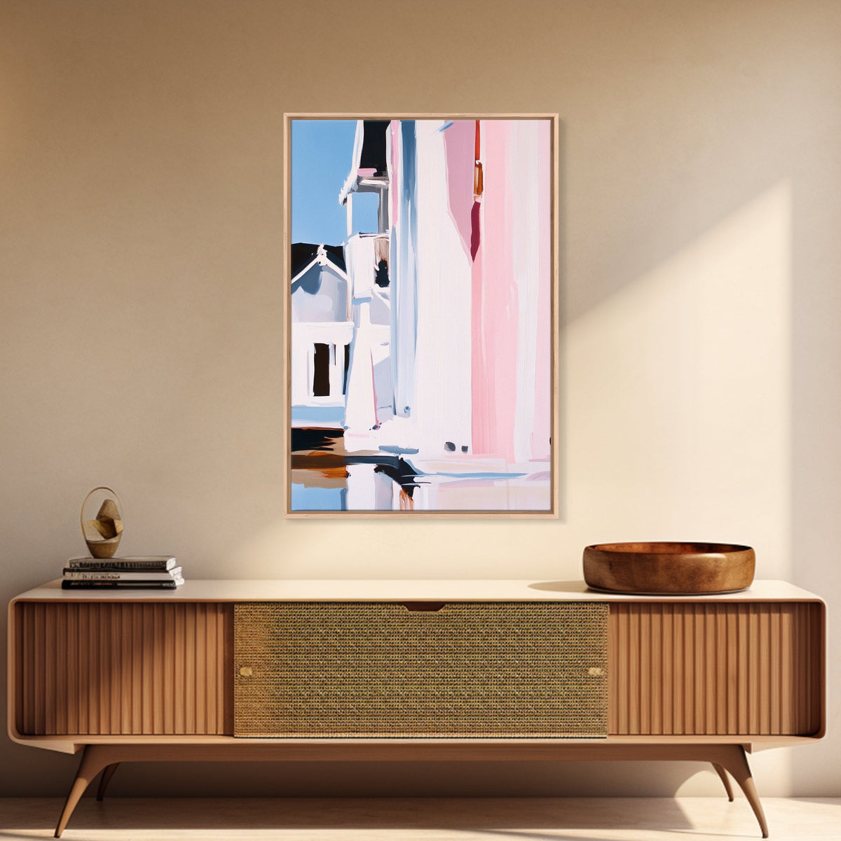 Pink Cityscape, Modern Architecture, Framed Canvas Print, Minimalist Wall Art, Soft Pastel Decor, Urban Home Design, Contemporary Aesthetic