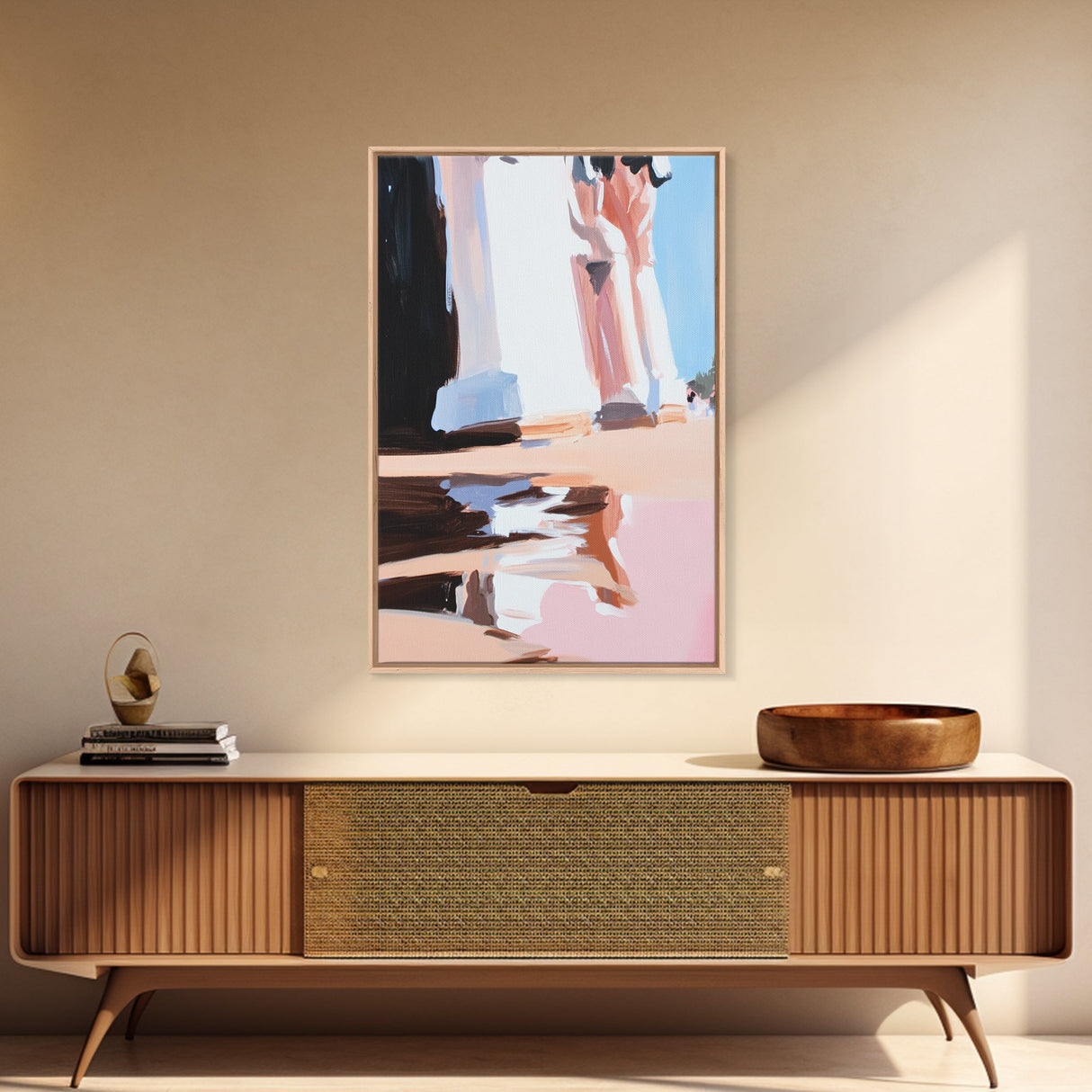 Sunlit Columns, Warm Architecture, Framed Canvas Print, Modern Urban Art, Minimalist Design, Soft Pastel Palette, Contemporary Home Decor