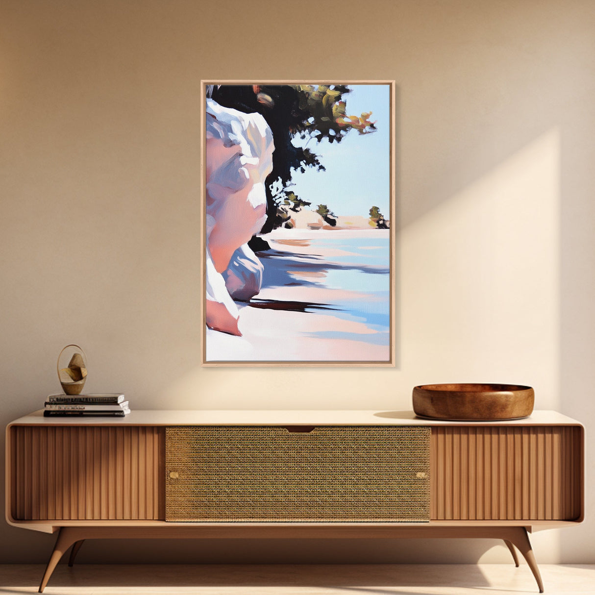 Shoreline, Sunset, Shadows, Warm, Framed Canvas Print, Seascape Wall Art, Boho Beach Decor, Ocean Sunset Artwork, Coastal Home Aesthetic