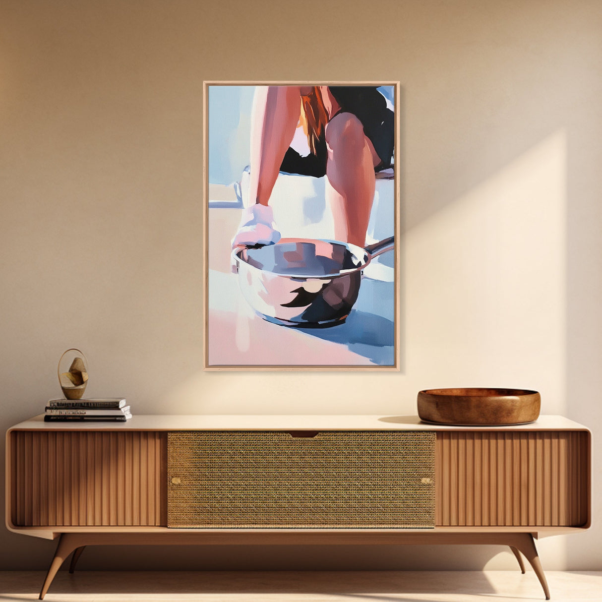 Cooking Scene, Pan Reflection, Modern Artwork, Canvas Print, Kitchen Wall Art, Minimalist Decor, Contemporary Art, Unique Aesthetic