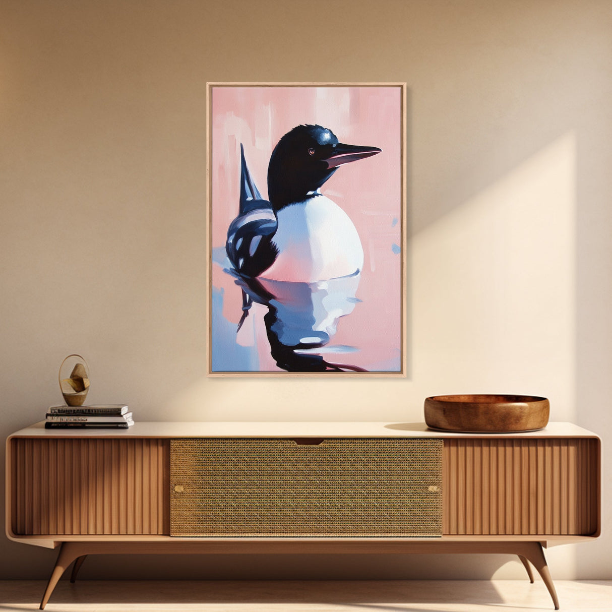 Reflection Loon, Tranquil Wildlife Painting, Rustic Lake House Wall Art, Framed Canvas Print, Nature Retreat, Cabin Aesthetic