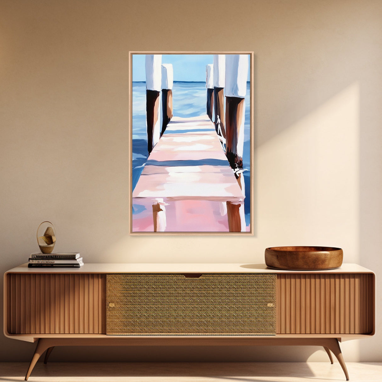 Seaside Pier View, Minimalist Coastal Painting, Tranquil Ocean Scene, Framed Canvas Print, Nautical Wall Decor, Beach House Art, Serene Living Room Art
