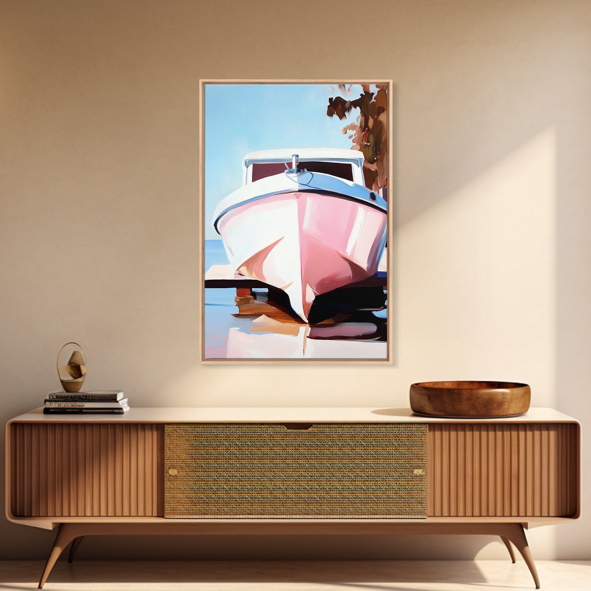 Boat Reflection, Coastal Decor, Nautical Art, Marina Print, Framed Canvas Print, Ocean Wall Art, Minimalist Seascape, Tranquil Artwork