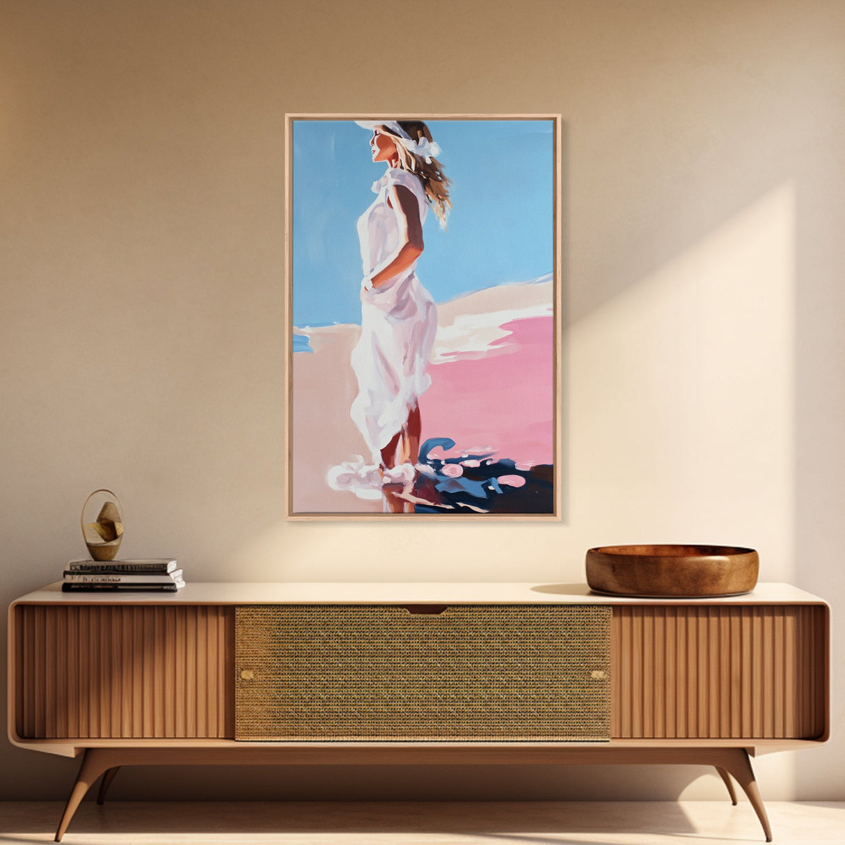 Woman in White, Summer Art, Elegant Coastal Decor, Framed Canvas Print, Beach Painting, Modern Boho Wall Art, Bedroom Wall Art