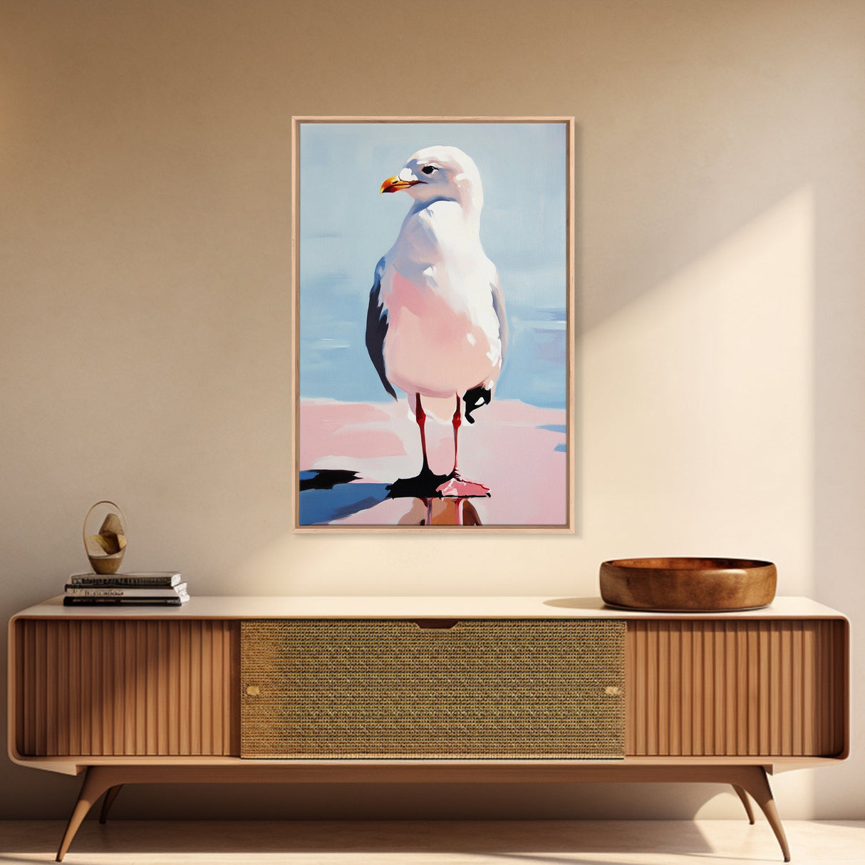 Seagull, Coastal Bird, Minimalist Beach, Modern Wall Art, Framed Canvas Print, Ocean Artwork, Seaside Decor, Living Room Art