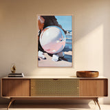 Reflective Sphere, Surrealist Print, Beach Art, Coastal Decor, Framed Canvas Print, Minimalist Aesthetic, Living Room Wall Art