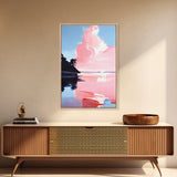 Pink Sky, Minimalist Coastal Art, Framed Canvas Print, Modern Landscape, Boho Sunset Painting, Living Room Wall Art, Serene Beach Decor