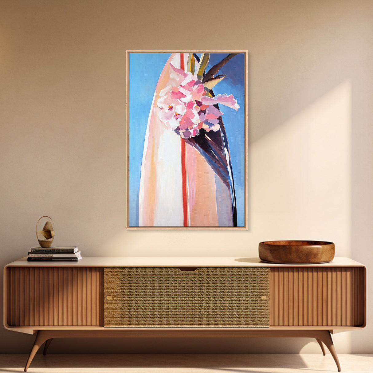 Surfboard Flowers, Tropical Boho Art, Framed Canvas Print, Coastal Wall Decor, Pastel Summer Painting, Beach Aesthetic, Minimalist Art