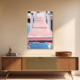 Pink Dock, Coastal Home Art, Framed Canvas Print, Nautical Wall Decor, Modern Seaside Painting, Pastel Summer Aesthetic, Beach House Art