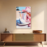 Silver Cup and Hat, Elegant Still Life, Minimalist Kitchen Decor, Soft Pastel, Modern Aesthetic, Canvas Print, Framed Canvas Print