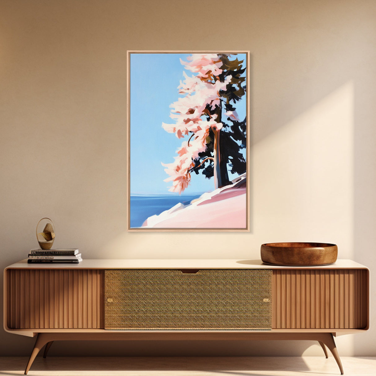 Serene, Mountain View, Pine Tree, Framed Canvas Print, Nature Inspired Wall Art, Peaceful Landscape, Minimalist Home Decor, Office Art