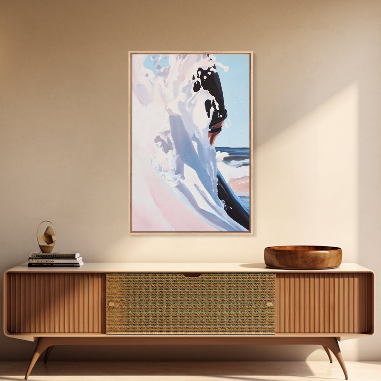 Surf, Ocean Wave, Coastal Art, Framed Canvas Print, Abstract Beach Painting, Blue and White Art, Minimalist Seascape, Bedroom Wall Art