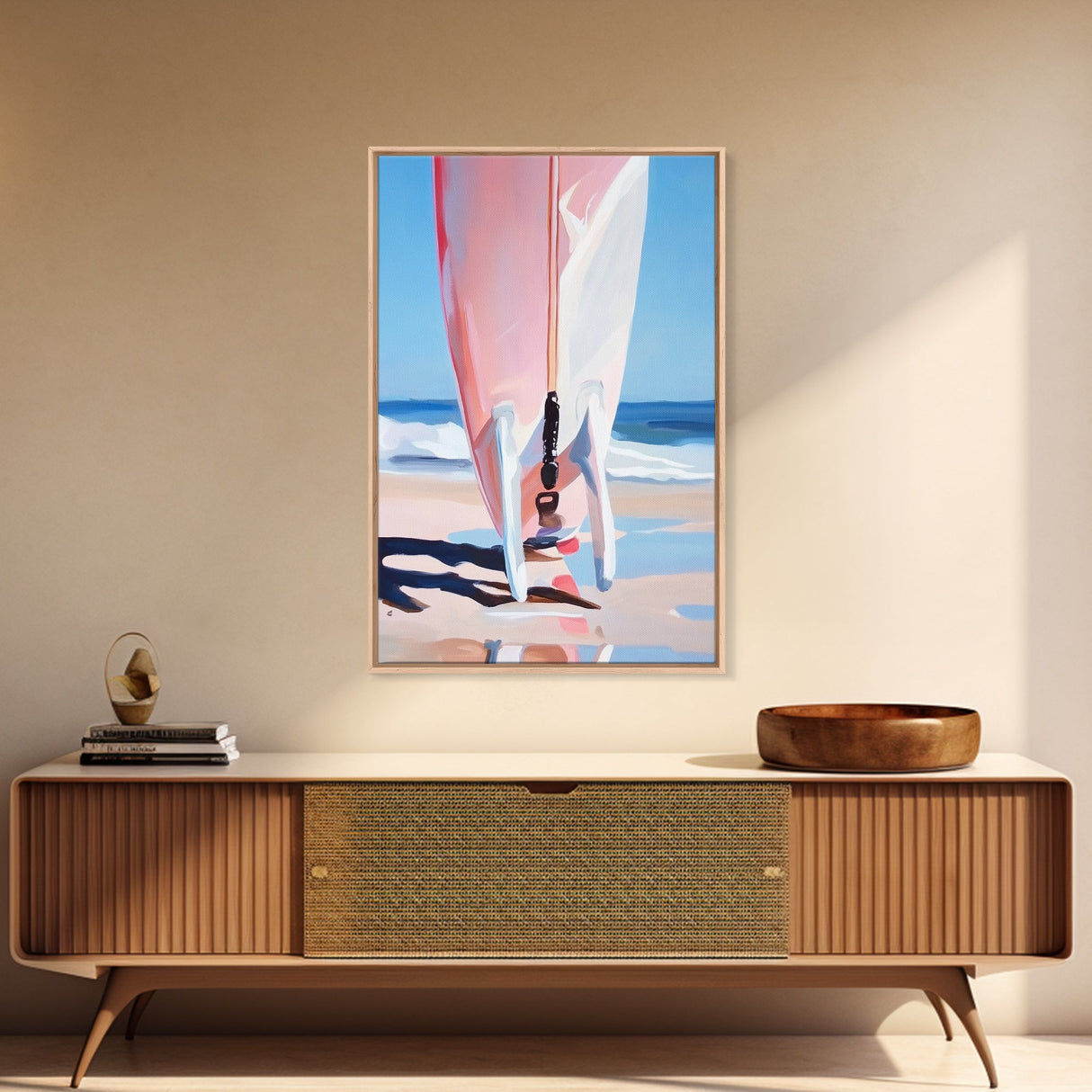 Surfboard Reflection, Beach Wave Art, Ocean Lover Print, Framed Canvas Print, Tropical Home Decor, Summer Aesthetic Wall Art