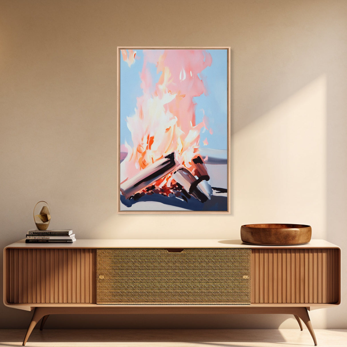 Sunset Flames, Campfire Glow, Coastal Night, Framed Canvas Print, Cozy Warmth, Rustic Outdoor Art, Fall Wall Decor, Cabin Aesthetic