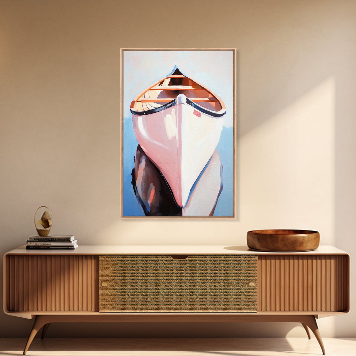 Wooden Canoe, Peaceful Waters, Reflection Art, Framed Canvas Print, Boho Decor, Nautical Style, Lake House Art, Minimalist Landscape