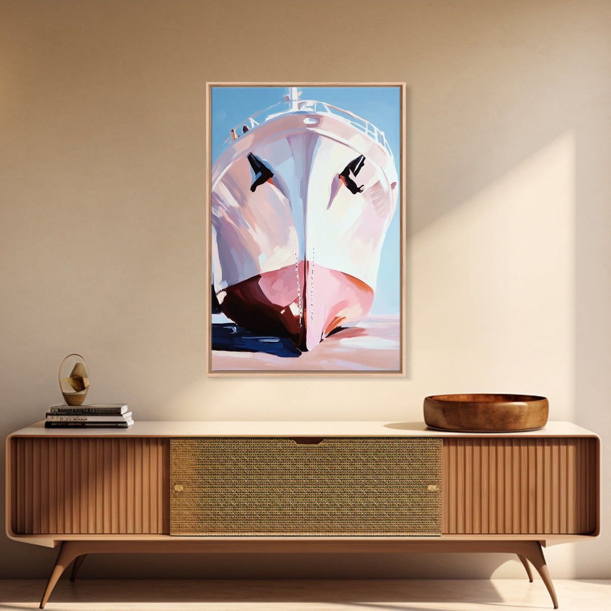 Large Boat, Reflection, Ocean, Framed Canvas Print, Nautical Wall Art, Coastal Home Decor, Travel Aesthetic, Living Room Art, Minimalist