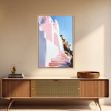 Mediterranean Steps, Coastal Wall Art, Santorini Print, Blue and Pink Decor, Travel Painting, Framed Canvas Print, Living Room Art