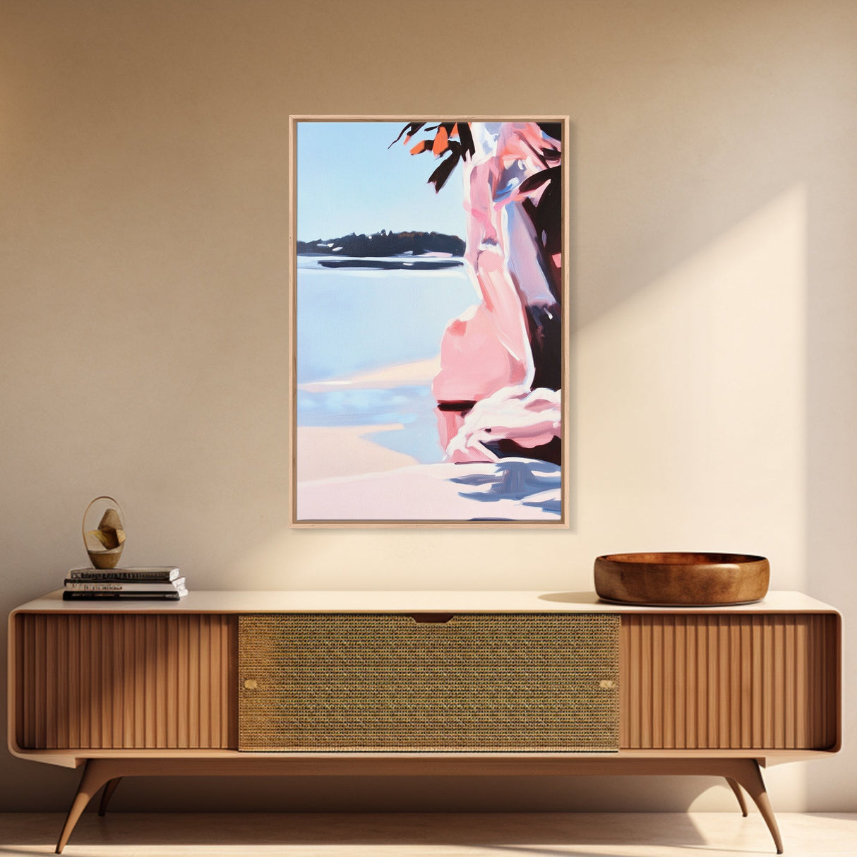 Sunset Glow, Nature Wall Art, Beach Scene, Serene Painting, Warm Pastel Colors, Framed Canvas Print, Bedroom Wall Decor, Gift