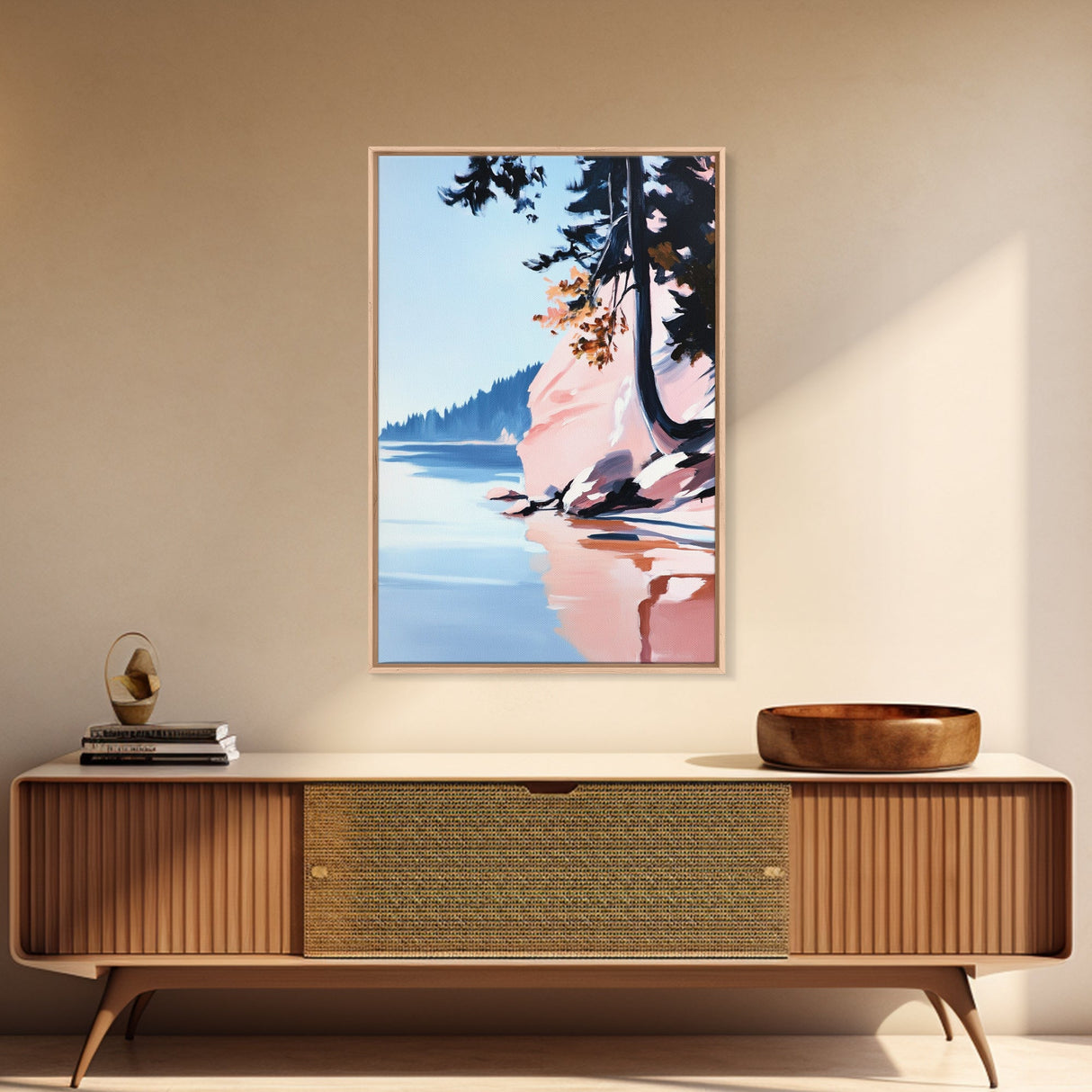 Lakeview Landscape Art, Serene Nature Print, Modern Forest Painting, Tranquil Coastal Scene, Framed Canvas Print, Living Room Wall Art