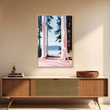 Forest Lake Scene, Tranquil Nature Painting, Minimalist Woodland Print, Blue and Pink Aesthetic, Framed Canvas Print, Bedroom Wall Art