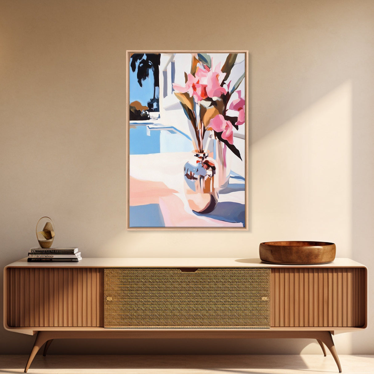 Poolside Flowers, Elegant Floral Painting, Sunlit Summer Decor, Mediterranean Art Style, Framed Canvas Print, Dining Room Wall Art
