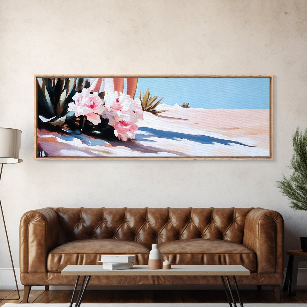 Pink Flowers, Framed Canvas Print, Floral Wall Art, Desert Artwork, Boho Aesthetic, Modern Home Decor, Bedroom Art, Nature Painting