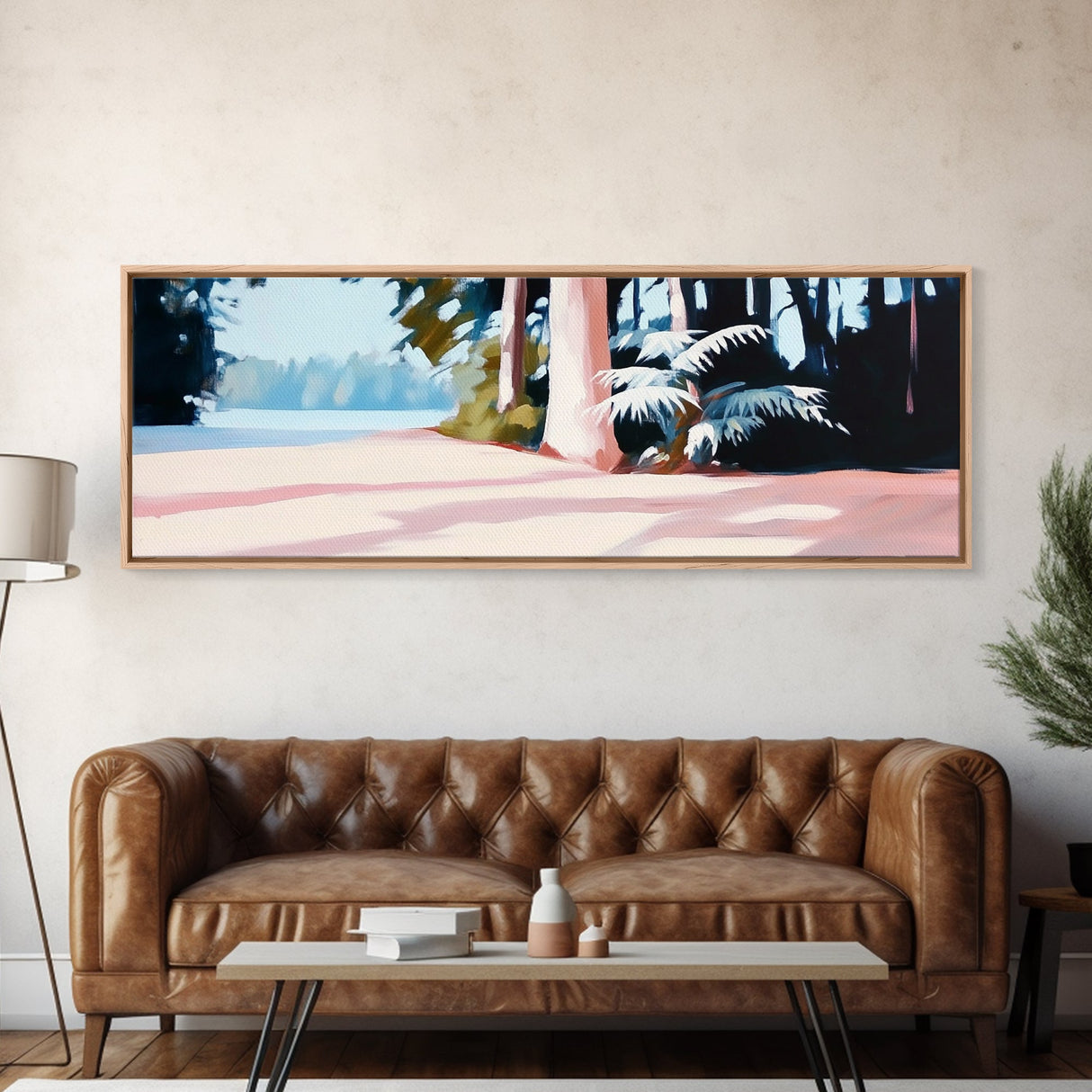 Forest Path, Sunlit Trees, Serene Nature, Framed Canvas Print, Tranquil Wall Art, Modern Landscape, Living Room Art, Cozy Decor