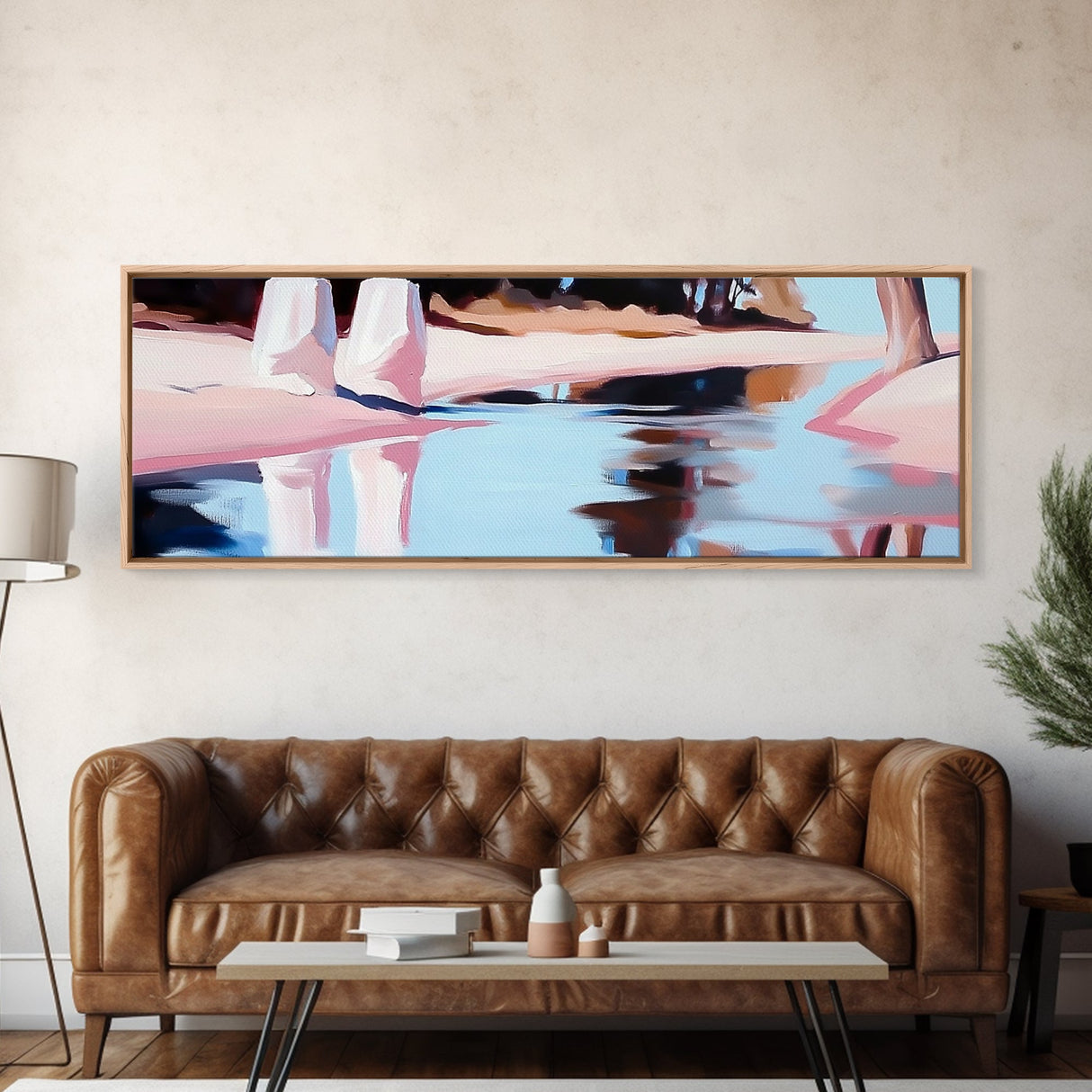 Riverbank, Water Reflections, Tranquil Scene, Framed Canvas Print, Serene Wall Art, Zen Home Decor, Neutral Landscape, Modern
