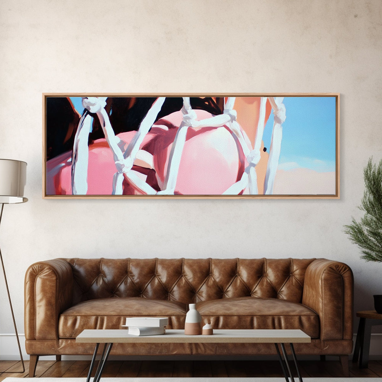 Rope Swing, Woman in Pink, Sunlit Sky, Framed Canvas Print, Summer Wall Art, Minimalist Decor, Feminine Aesthetic, Boho Art