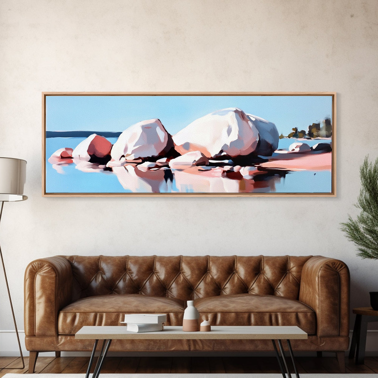 Large Rocks, Water Reflection, Serene Nature, Canvas Print, Minimalist Wall Art, Earthy Home Decor, Neutral Landscape, Modern Aesthetic
