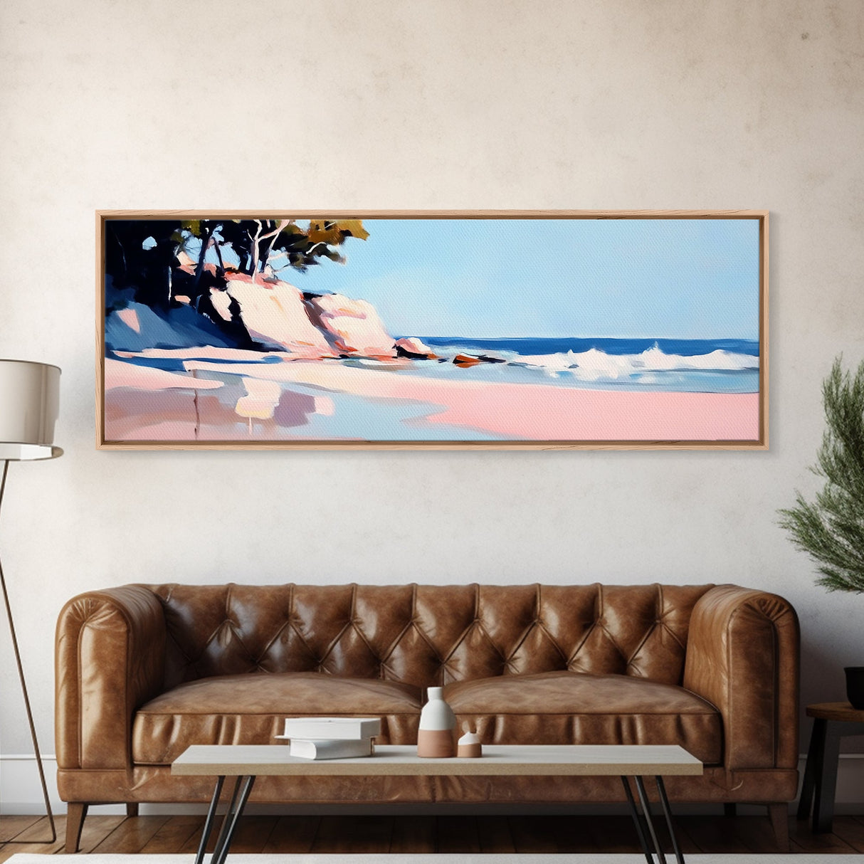 Cliffs, Waves, Pink Sand, Framed Canvas Print, Seascape Wall Art, Coastal Home Decor, Ocean Scene, Pastel Aesthetic, Relaxing Landscape