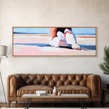Woman, Pink Dress, Ocean Waves, Framed Canvas Print, Feminine Wall Art, Romantic Beach Scene, Soft Pastel Aesthetic, Dreamy Home Decor