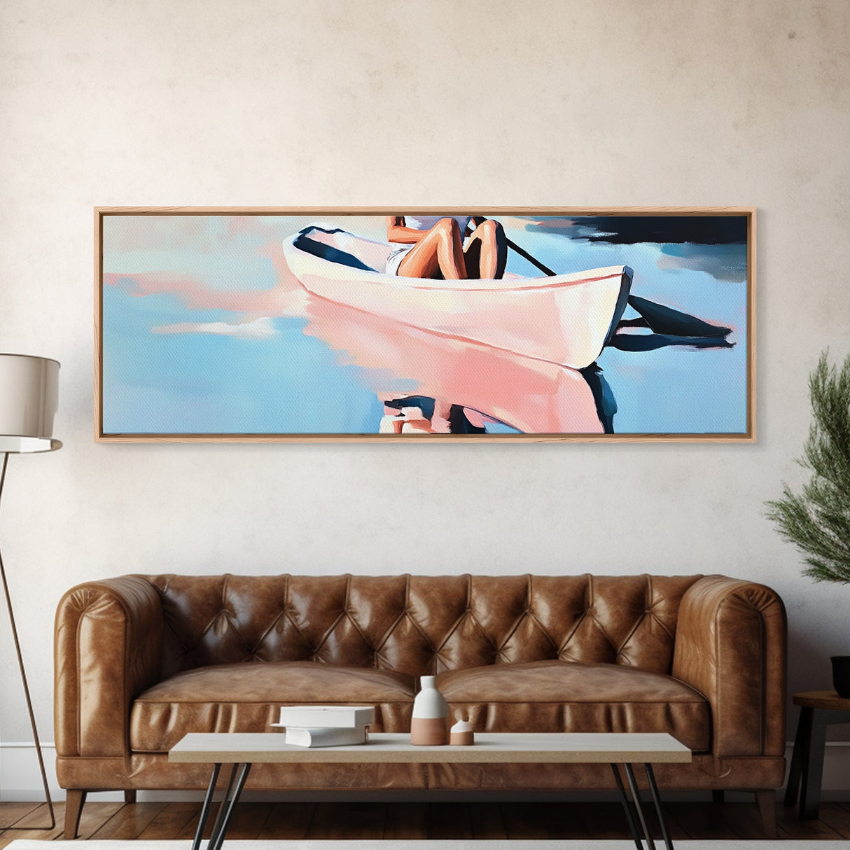 Kayak Adventure, Minimalist, Coastal Wall Art, Boho Home Decor, Blue and Pink, Modern Beach Art, Canvas Print, Nautical Aesthetic