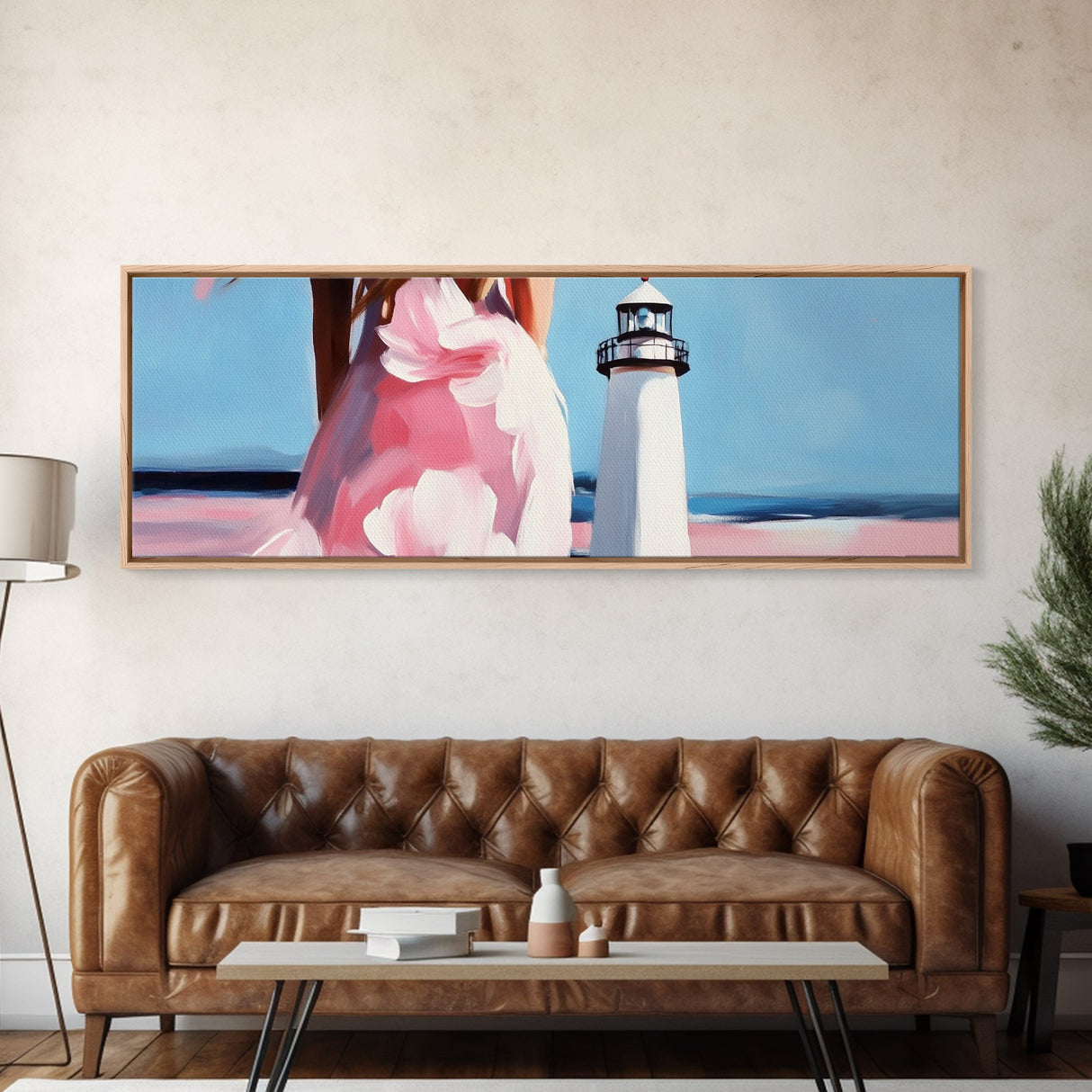 Lighthouse, Coastal, Dreamy, Framed Canvas Print, Nautical Wall Art, Summer Vibes, Living Room Art, Pastel Home Decor, Minimalist Style