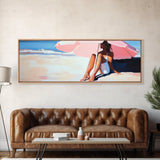 Woman Under Umbrella, Beach Relaxation, Summer Scene, Framed Canvas Print, Minimalist Boho Art, Seaside Wall Decor, Nautical Artwork