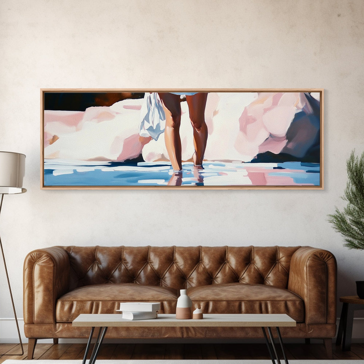 Beach Reflection, Coastal Art, Bedroom Wall Art, Framed Canvas Print, Soft Pastel Tones, Modern Painting, Boho Beach Aesthetic