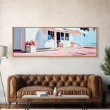 Coastal Café, Beachfront House, Ocean Breeze, Minimalist Canvas Print, Living Room Wall Art, Nautical Home Decor, Modern Coastal Art