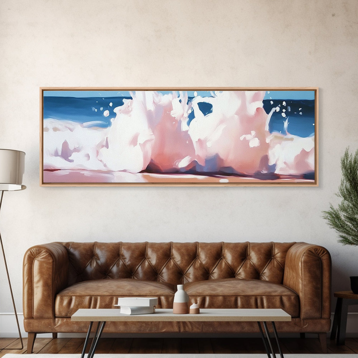 Soft Waves, Pastel Ocean, Fluid Movement, Coastal Tranquility, Framed Canvas Print, Large Wall Art, Beach House Decor, Blue Tones