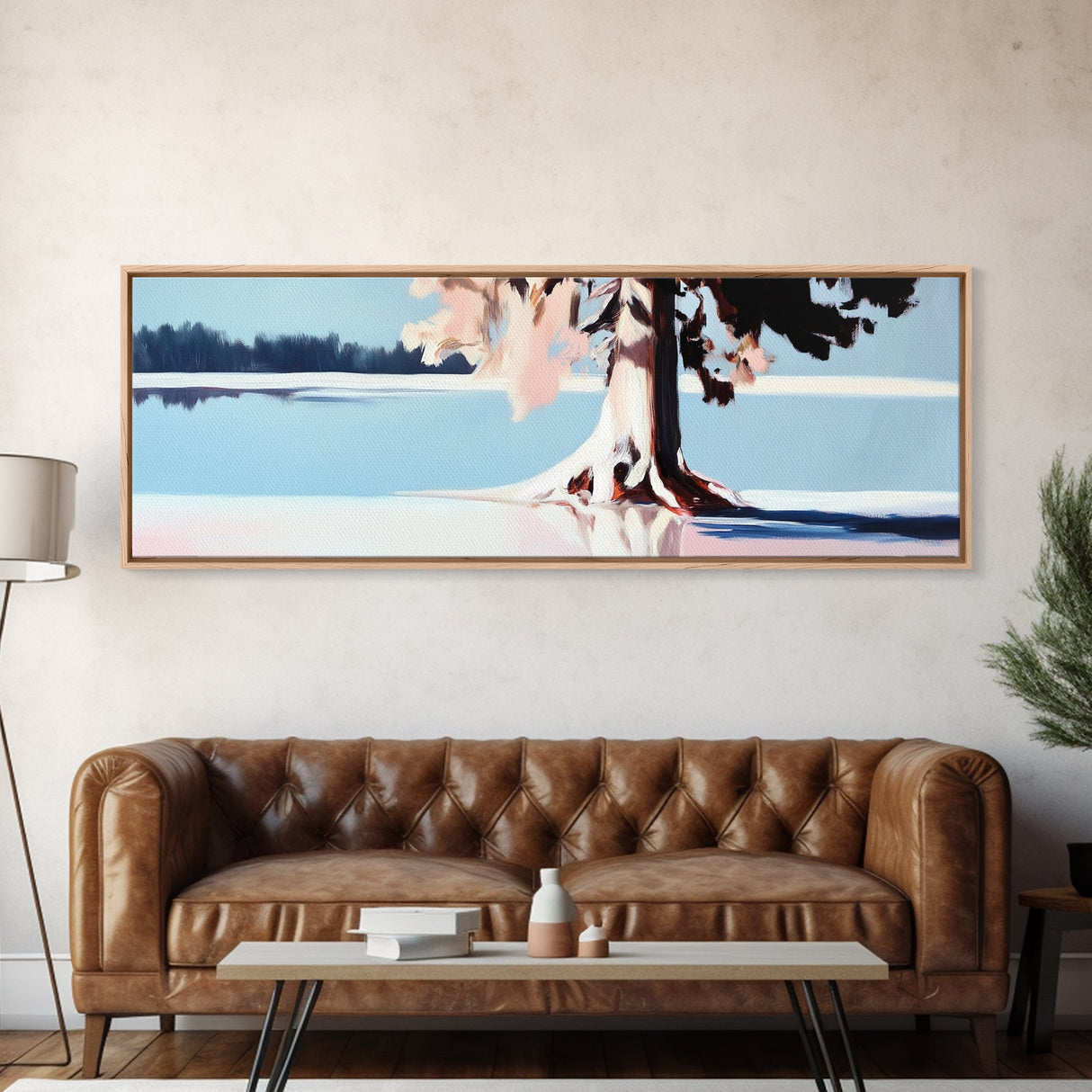 Serene Lake, Tree Reflection, Minimalist Landscape, Canvas Print, Nature Inspired Wall Art, Tranquil Home Decor, Soft Pastel Tones