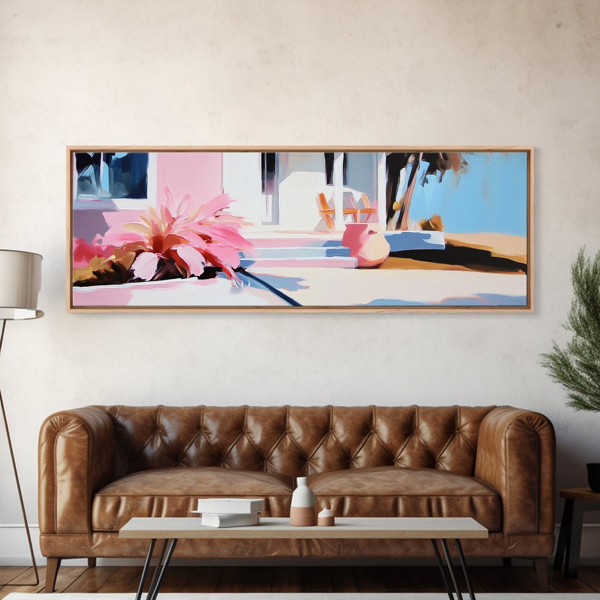 Pink House, Tropical Porch, Boho Architecture, Canvas Print, Living Room Wall Art, Sunlit Patio, Mediterranean Decor, Modern Art