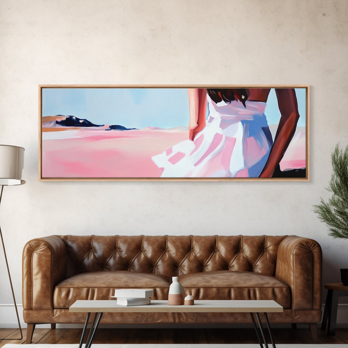Flowing Dress, Desert Beauty, Feminine Elegance, Framed Canvas Print, Modern Wall Art, Soft Boho Decor, Romantic Pastel Artwork