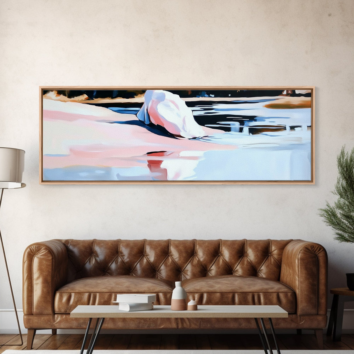 Pink Water Landscape, Tranquil Beach Art, Ocean Reflection, Modern Boho Decor, Bedroom Wall Art, Coastal Print, Framed Canvas Print