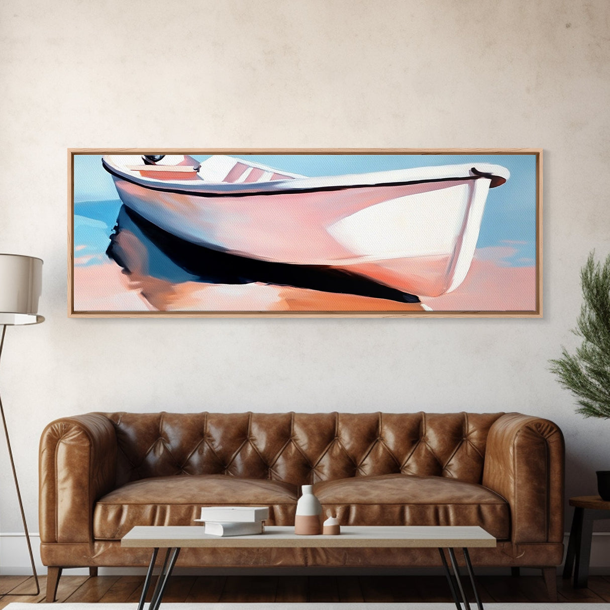 Rowboat on Shore, Nautical Scene, Pastel Coastal Art, Minimalist Ocean Print, Beach House Decor, Serene Wall Art, Canvas Print