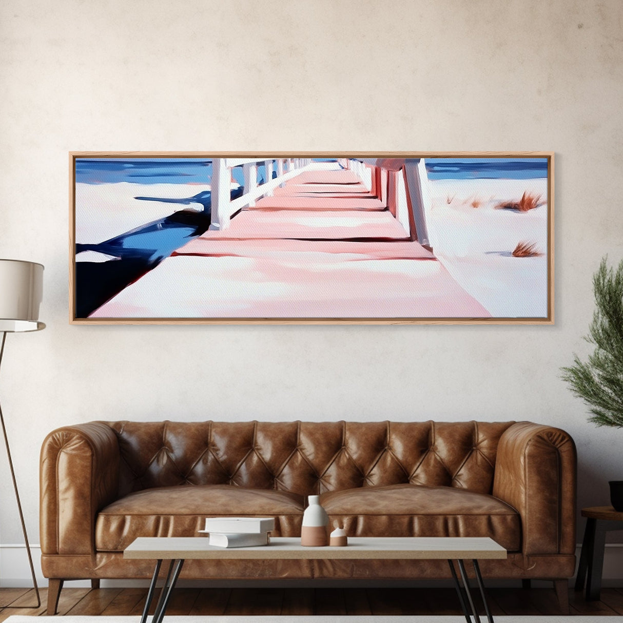 Pink Pier, Beach Walkway, Ocean View, Framed Canvas Print, Coastal Wall Art, Nautical Home Decor, Minimalist Seascape Painting