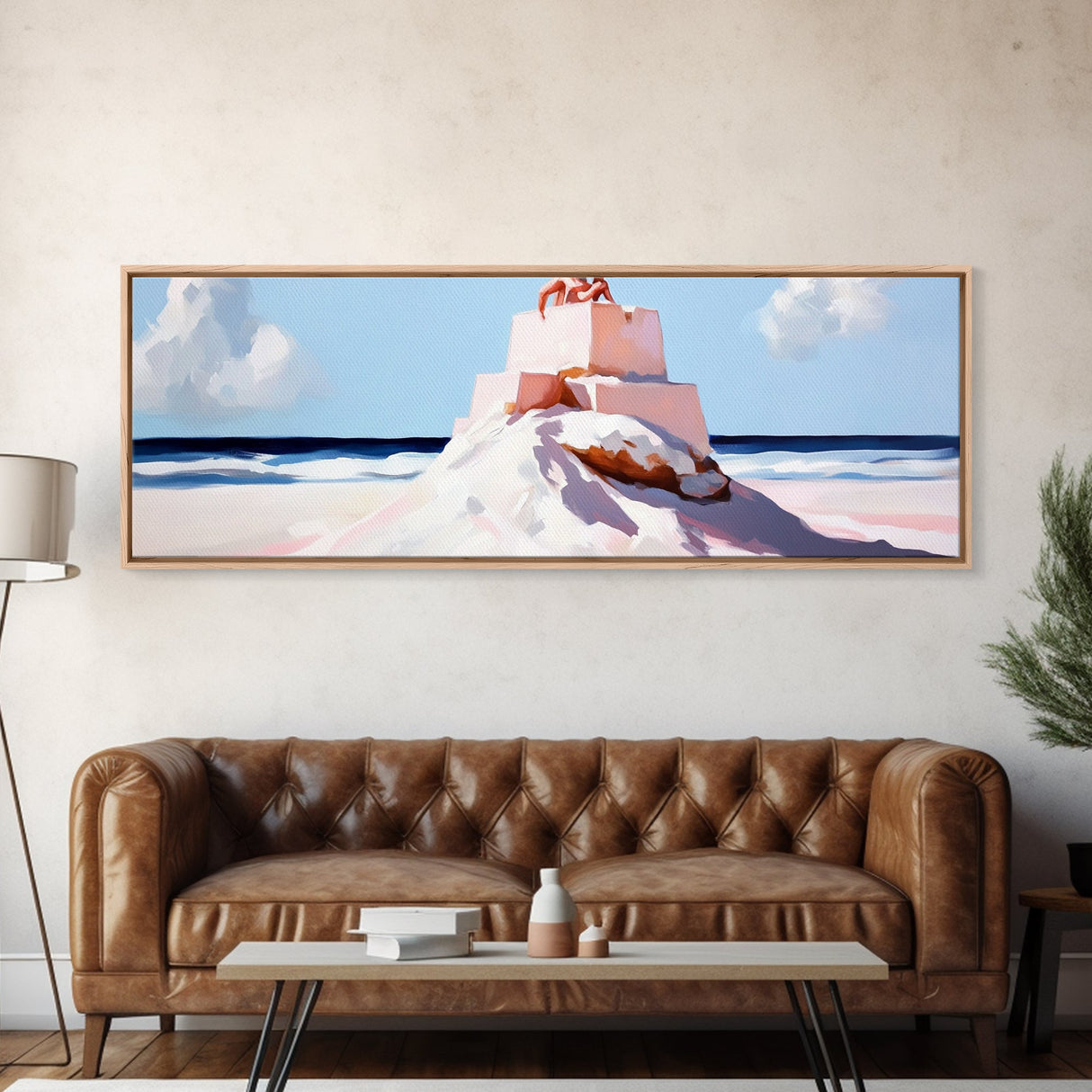 Sandcastle Art, Coastal Painting, Nautical Wall Decor, Beach House Art, Seascape Print, Pastel Tones, Kids Room Art, Framed Canvas Print