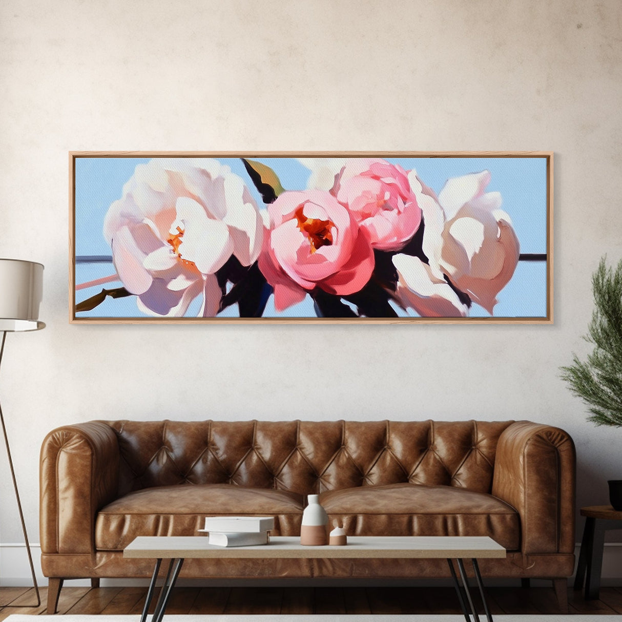 Floral Peonies, Botanical Art, Pastel Flower Painting, Romantic Wall Decor, Minimalist Nature Print, Bedroom Art, Framed Canvas Print